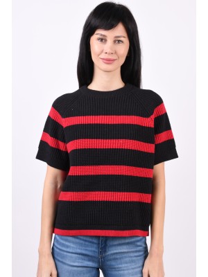 Pulover Dama Selected Slfbloomie Ss O-Neck Black Stripes Red